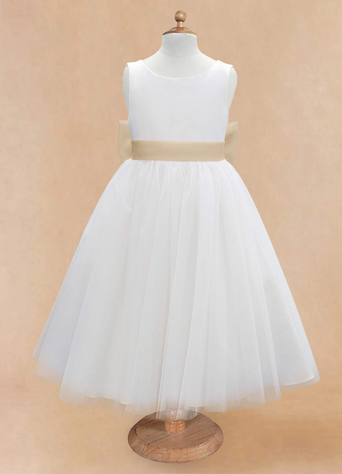 Azazie Kavi Flower Girl Dresses Ivory Champagne A-Line Bow Matte Satin Dress image6