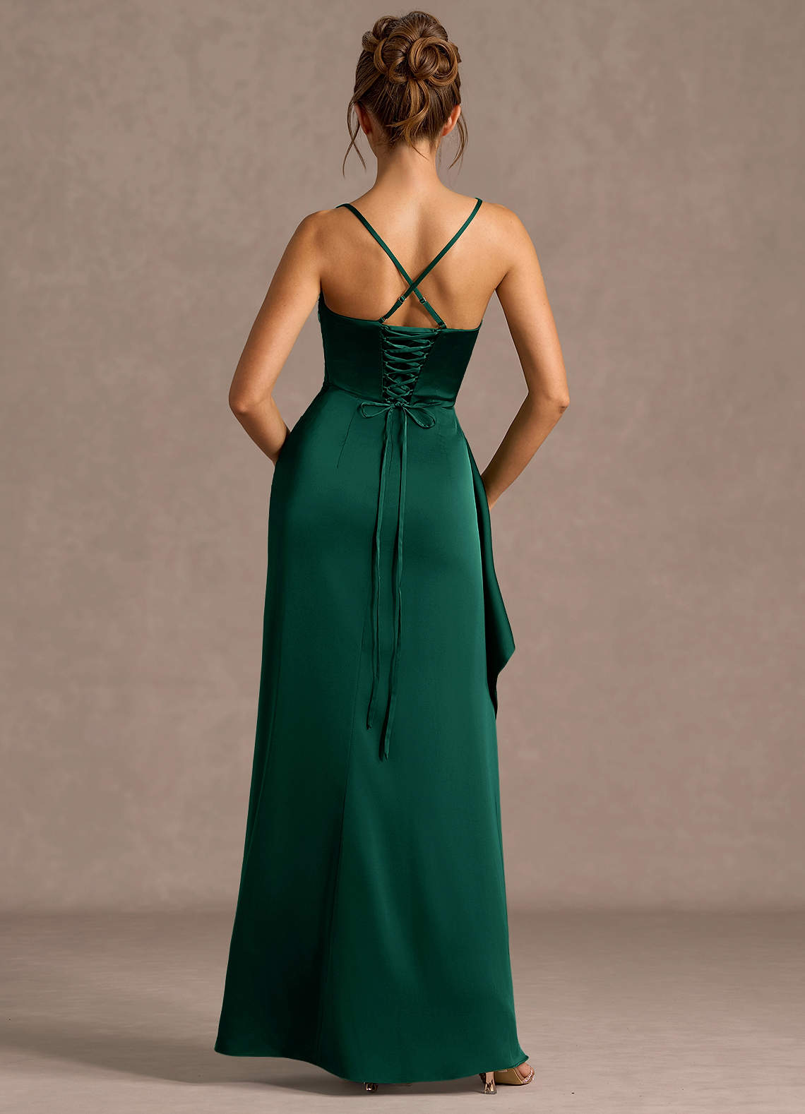 hunter green semi formal dresses Hunter Green V-Neck Satin Gown With Detailed Seamlines and Godet main image 0