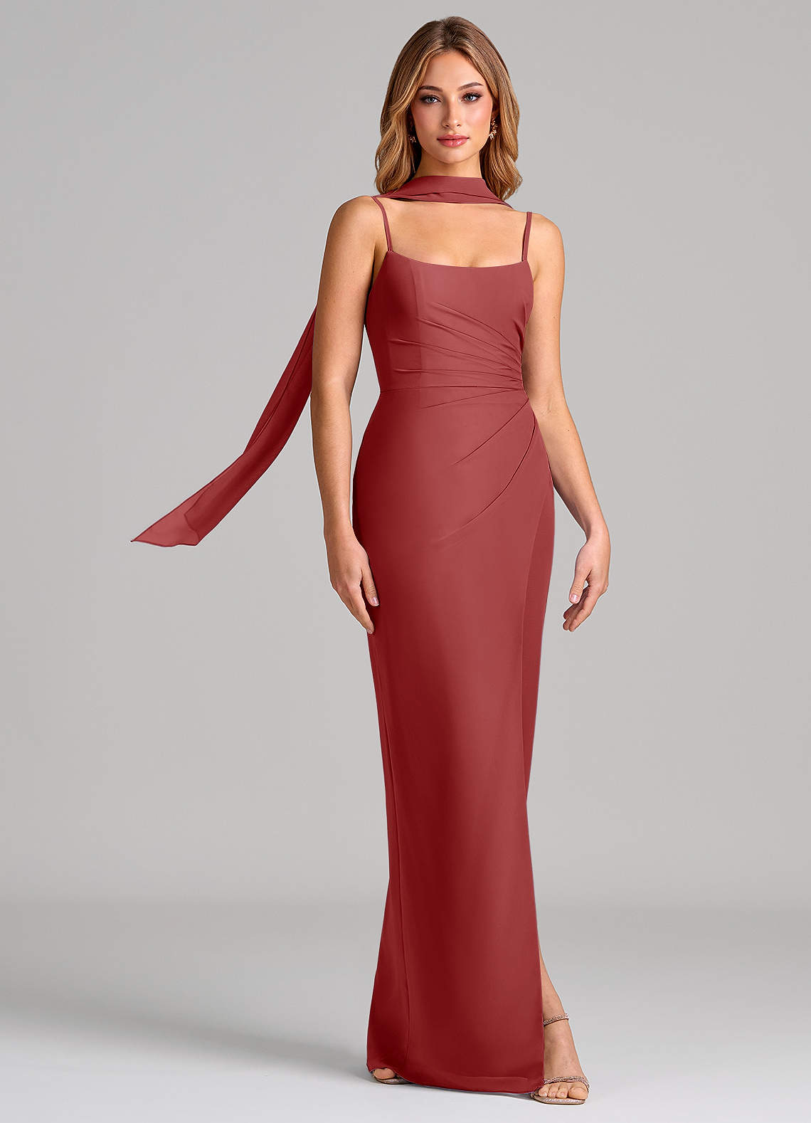 dusty rust bridesmaid dresses Azazie Calandra Chiffon Restored beaded dress Egyptian long sleeve maxi dress Color:White/Red This ethereal off