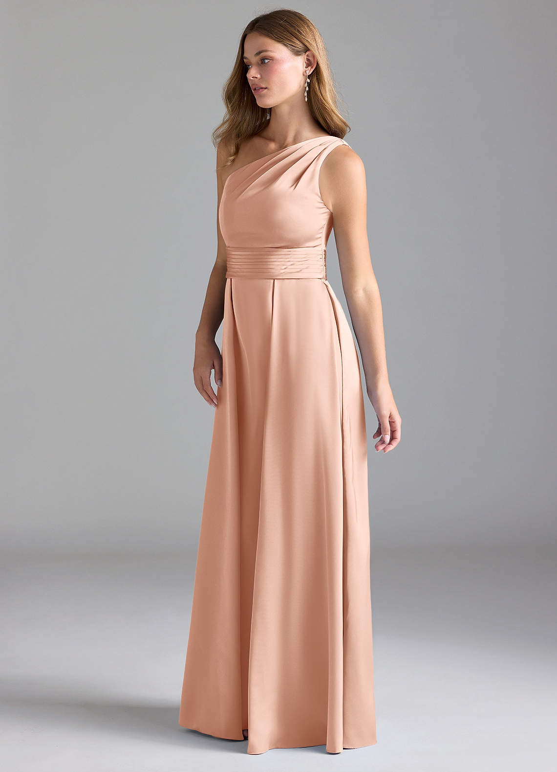Azazie A-Line One-Shoulder Floor-Length Stretch Satin Bridesmaid Dresses - Rose Gold