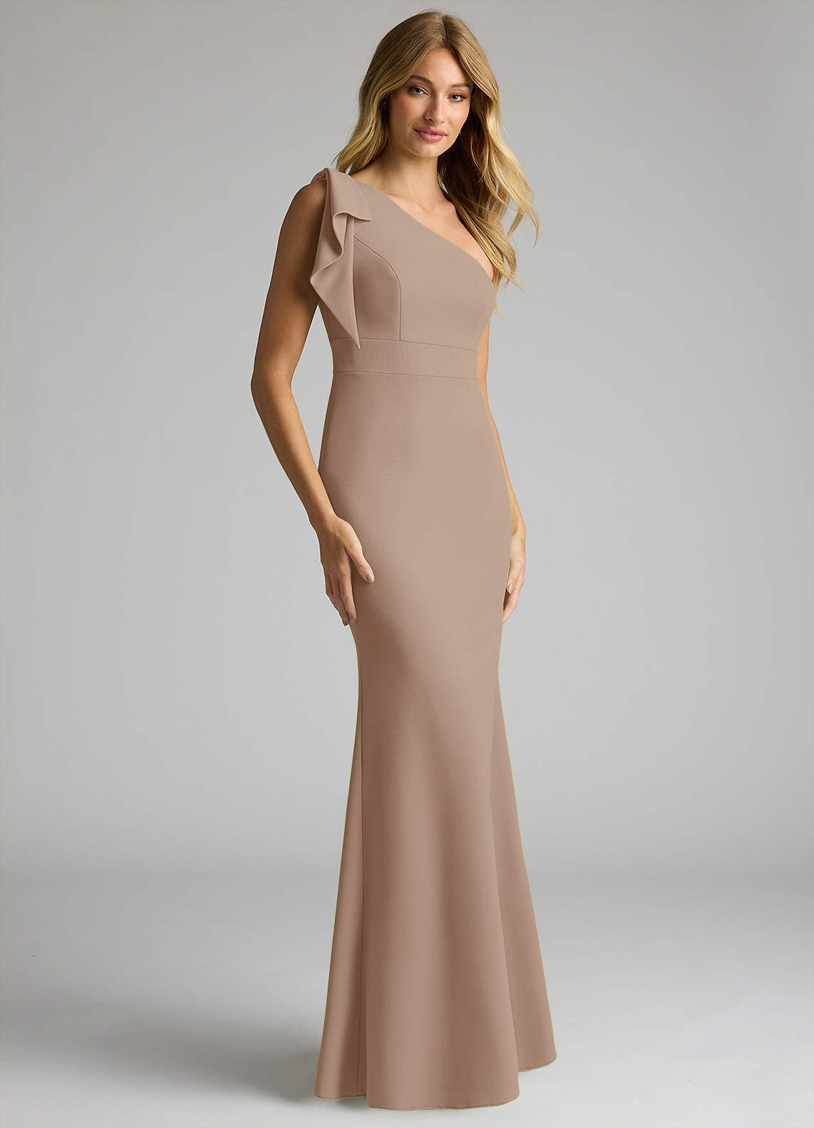Azazie Rinna Bridesmaid Dresses Taupe Mermaid One Shoulder Stretch Crepe Dress image1