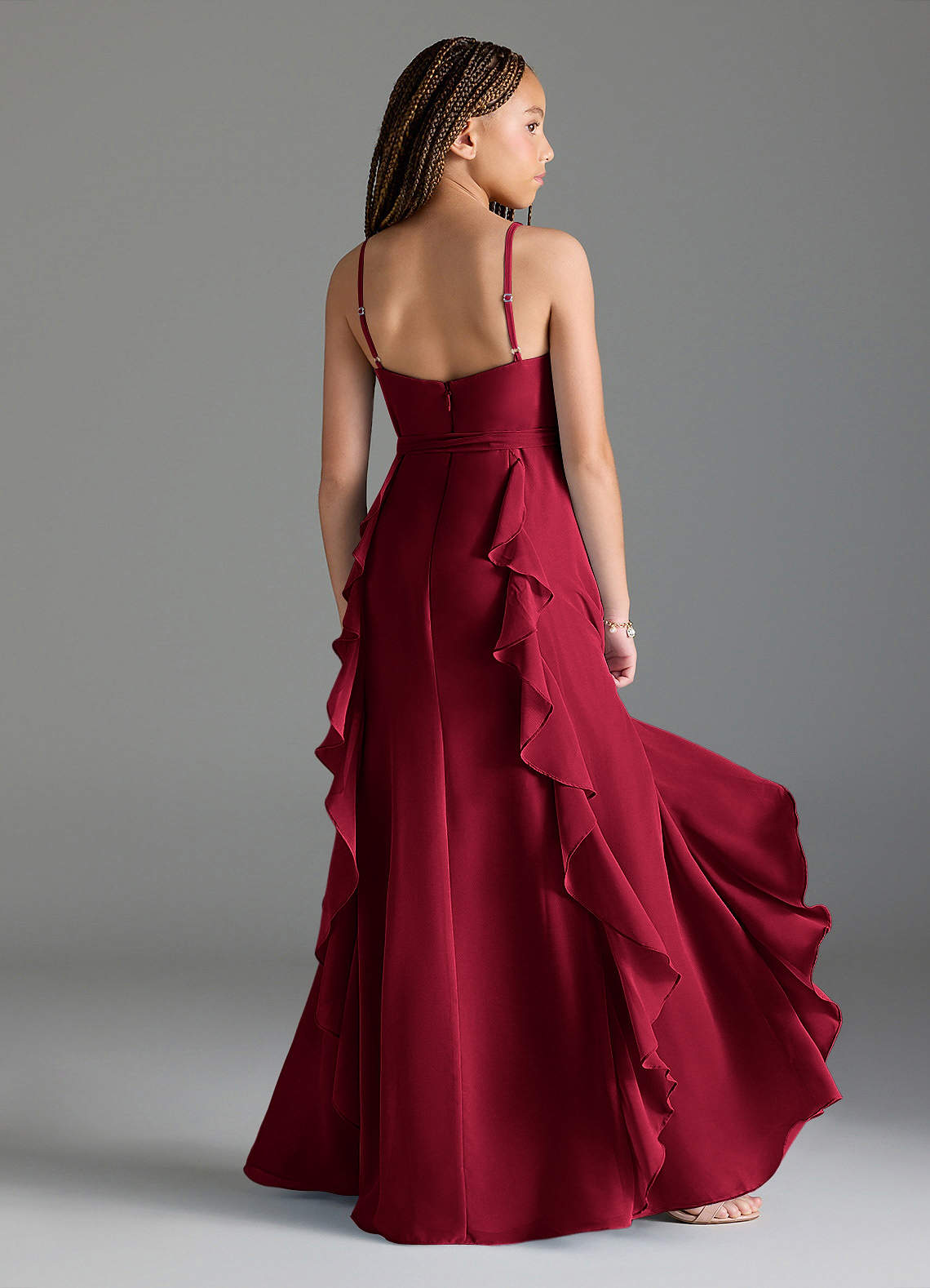 Azazie Peyton Junior Burgundy A-Line V-Neck Cascading Ruffles Chiffon Dress image1