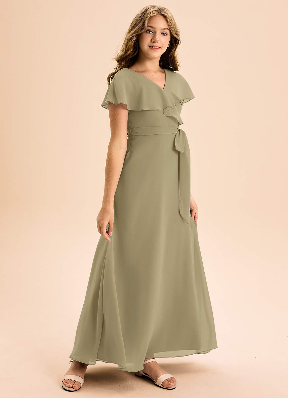 Azazie Lainey Junior Abito A-Line in Chiffon Con Tasche Verde Muschio image1
