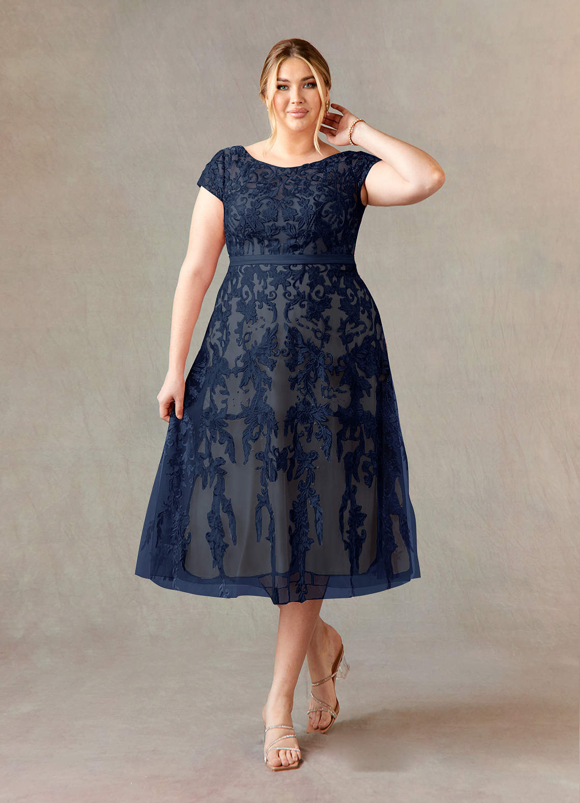Azazie Sanna Mother of the Bride Dresses Dark Navy Champagne A-Line Scoop Lace Tulle Dress image6