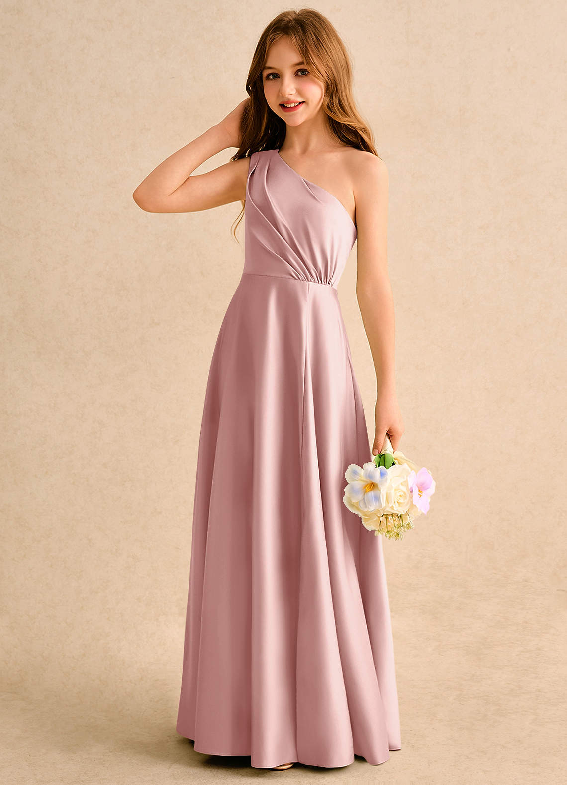 Azazie Puddles Girls Formal Rose Gold A-Line One Shoulder Matte Satin Dress | Azazie Azazie Puddles Girls Formal Rose Gold A-Line One Shoulder Matte Satin Dress | Azazie