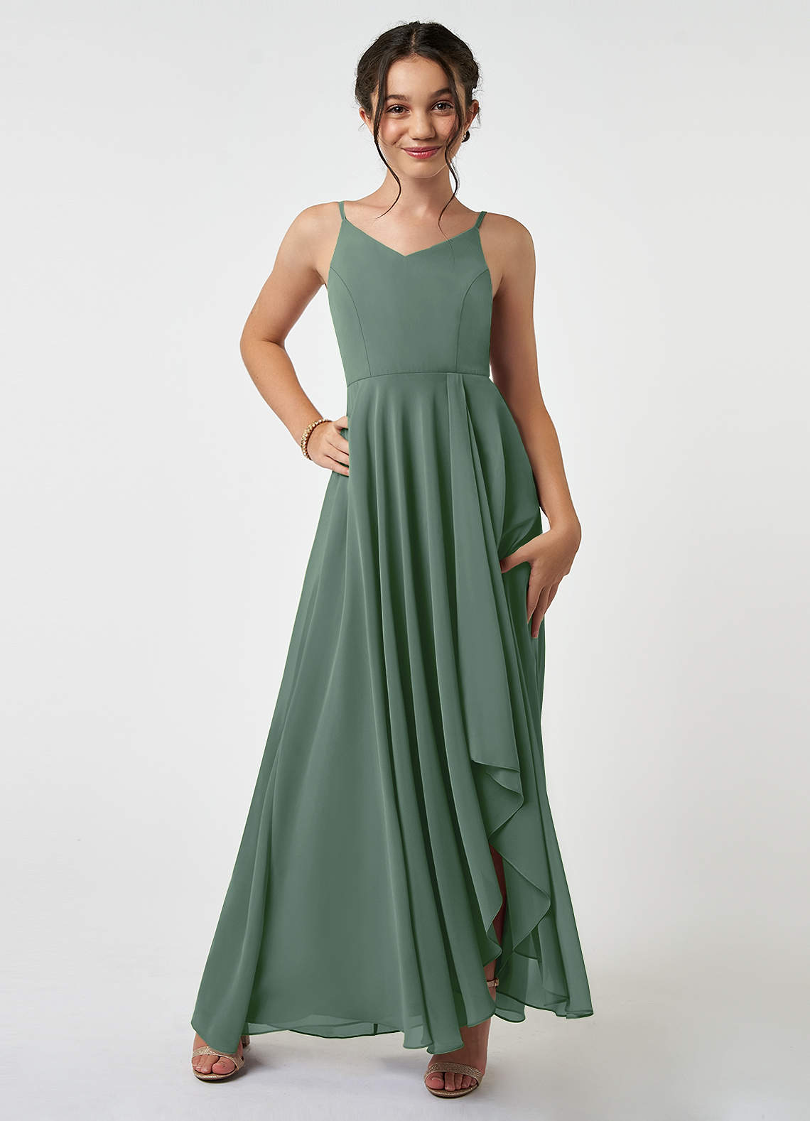 Azazie Collette Junior Eucalyptus A-Line Ruched Chiffon Dress image1