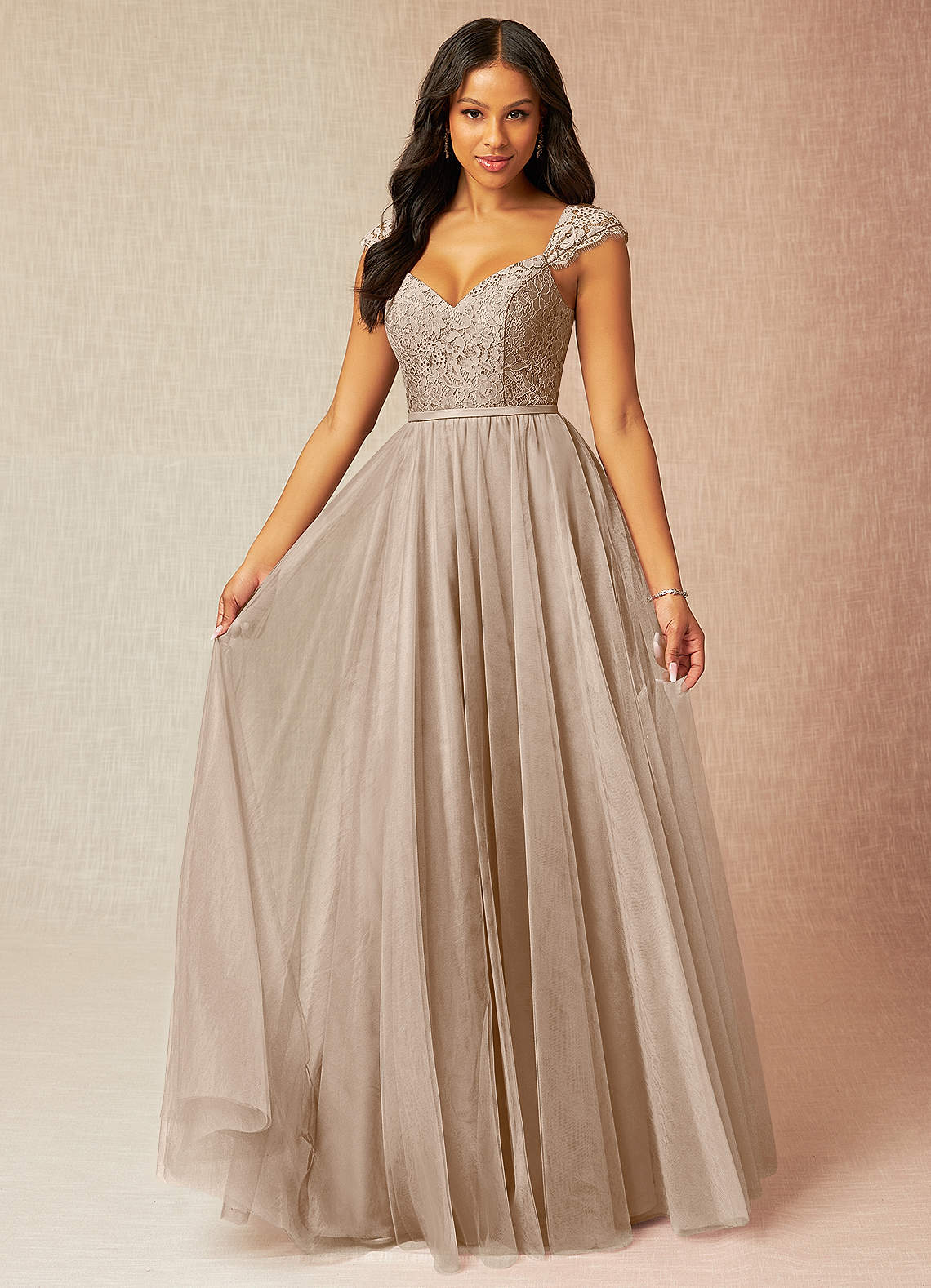 Azazie Luxi Bridesmaid Dresses Taupe A-Line Pleated Tulle Dress image1