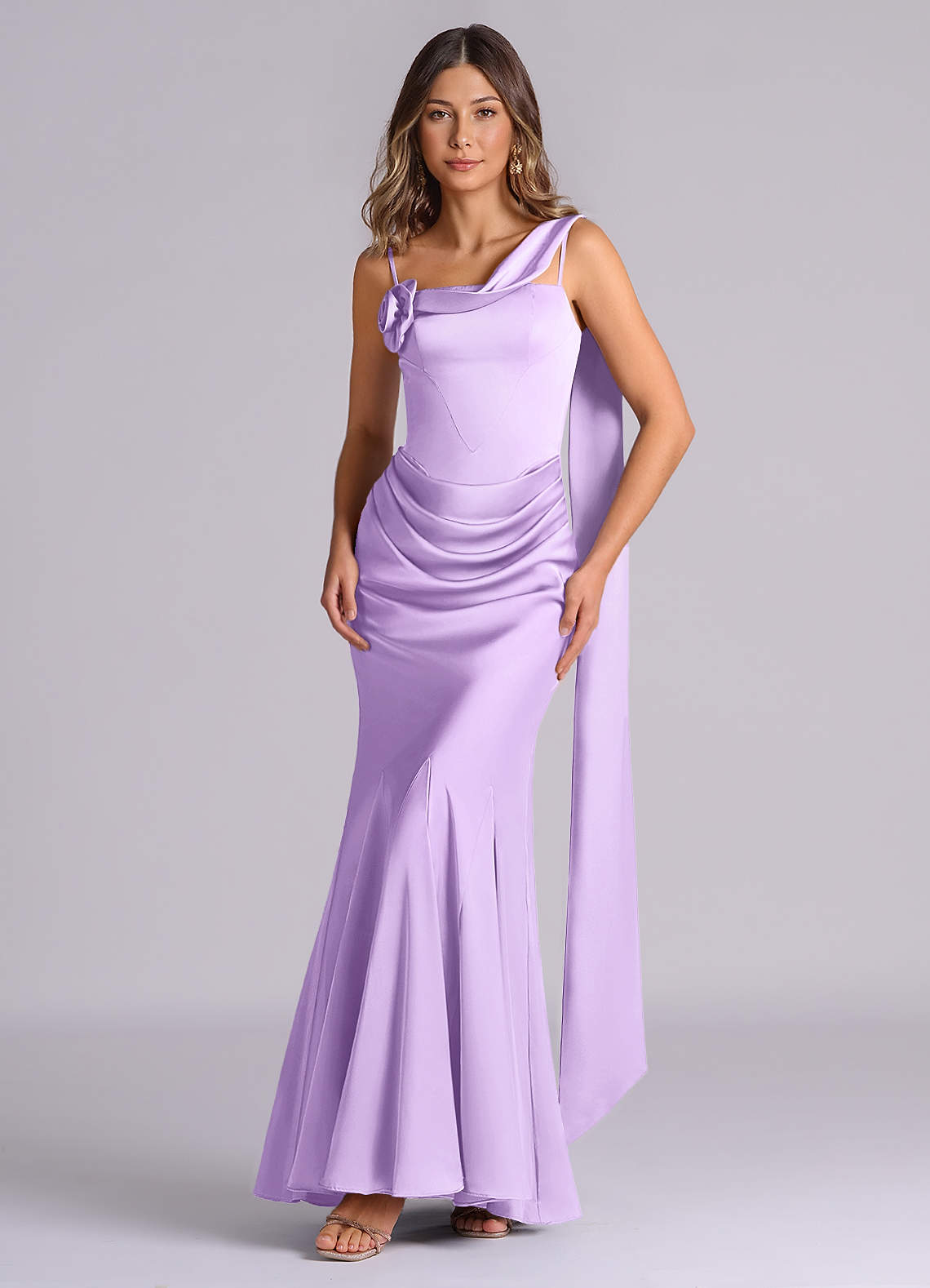 Azazie Mermaid Cowl Floor-Length Stretch Satin Bridesmaid Dresses - Lilac