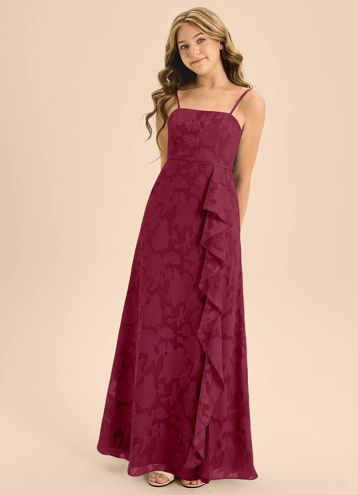 Azazie Kaylee Junior A-Linie Gürtel/Schärpe Blumen-Burnout Kleid Burgunderrot image1