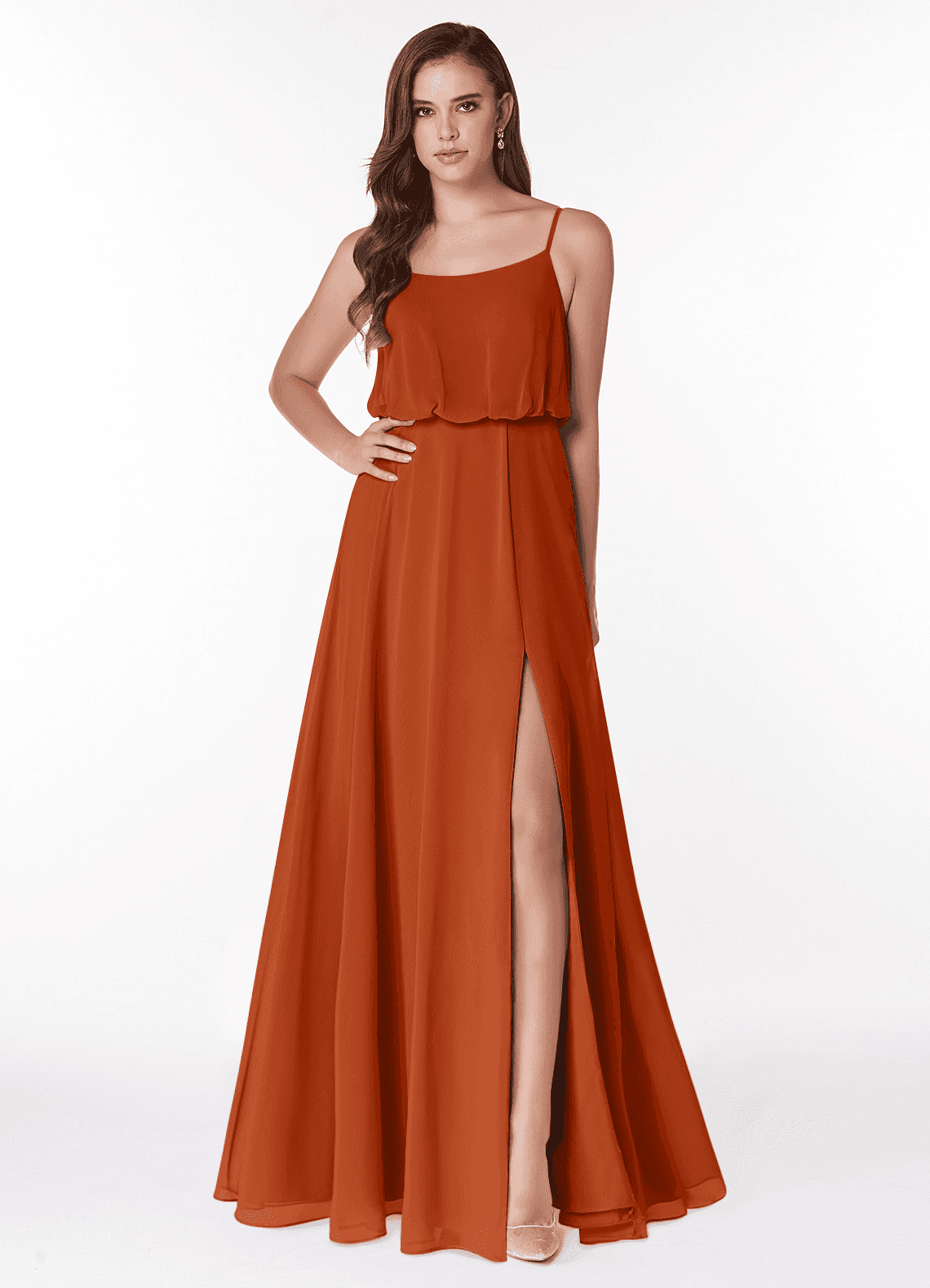 Azazie Lupe Bridesmaid Dresses Burnt Orange A-Line Scoop Blouson Chiffon Dress image1