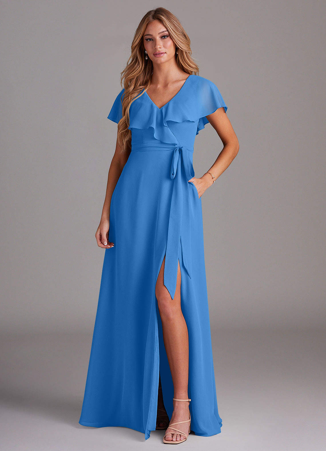 Azazie Lainey Bridesmaid Dresses Blue Jay A-Line with Pockets Chiffon Dress image1