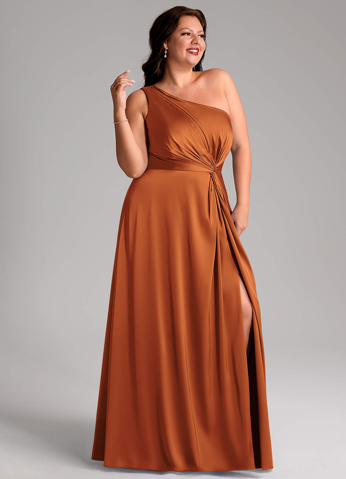 Azazie Brooke Bridesmaid Dresses Cinnamon A-Line One Shoulder Stretch Satin Dress image10