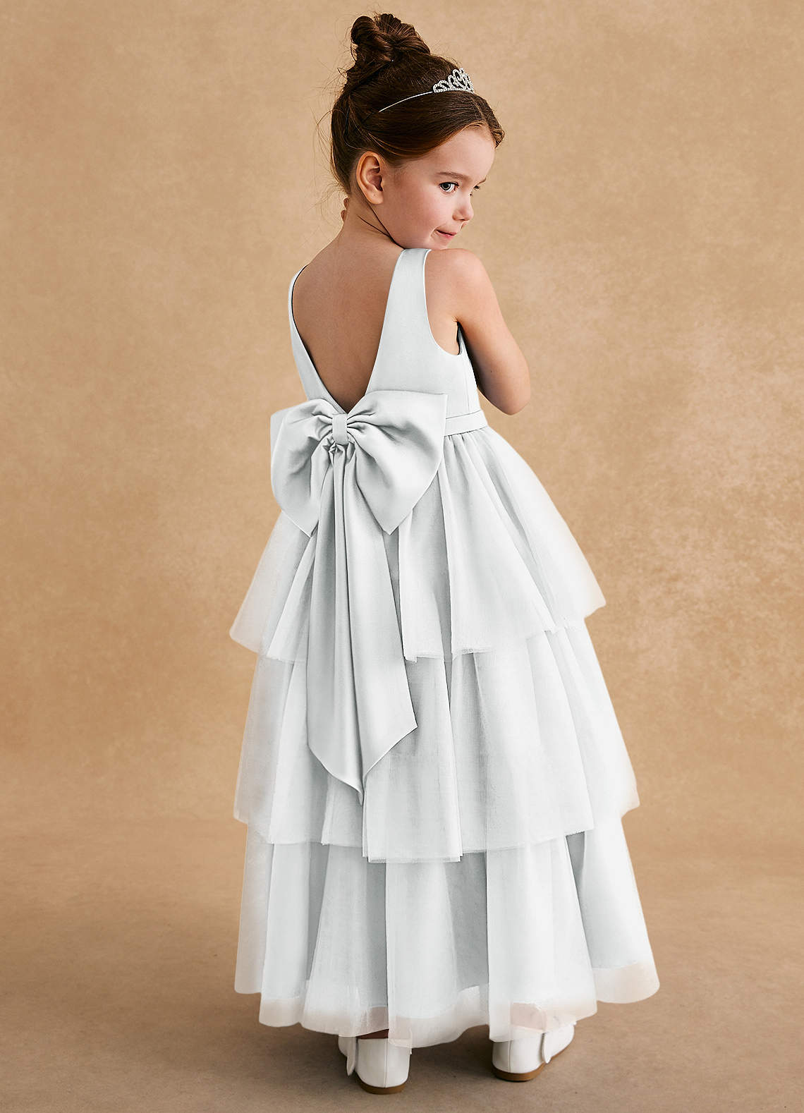 Azazie Megallie Flower Girl Dresses Diamond White A-Line Bow Tulle Dress image1