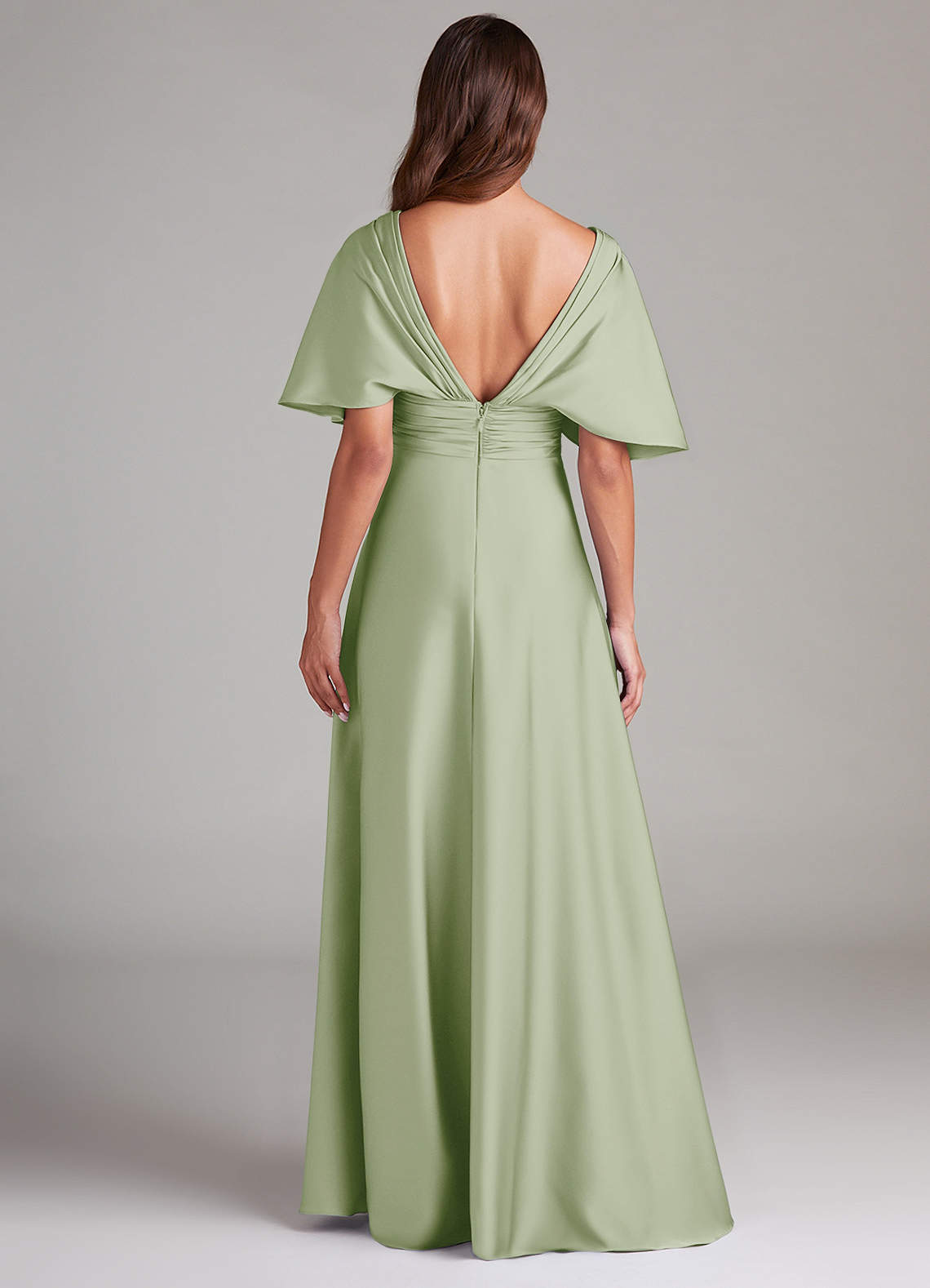 Azazie Pamela Robes de demoiselle d'honneur Robe Trapèze en Satin extensible Plissée Vert Sauge image1