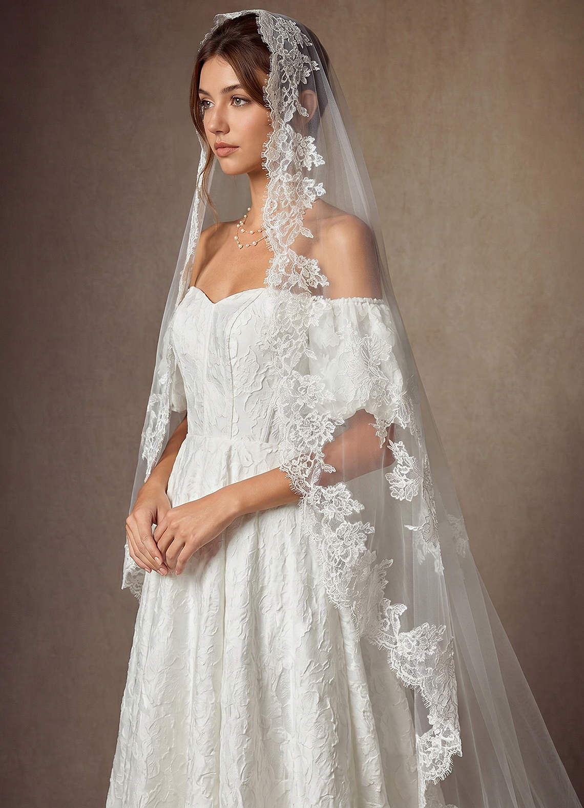 front Scalloped Edge Cathedral Veil with Floral Embroidery