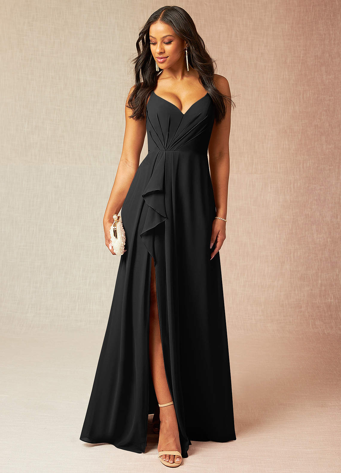 Azazie Kyedae Bridesmaid Dresses Black A-Line V-Neck Pleated Chiffon Dress image1