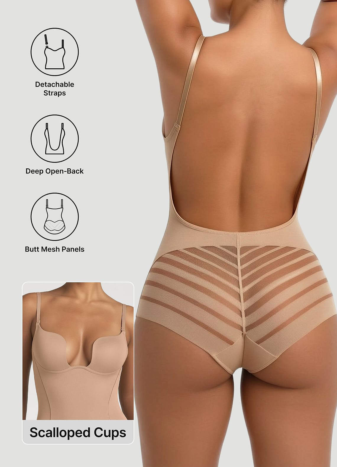 tummy shapewear for backless dress Deep-Backless Adjustable Thin-Strap Tummy-Control Bodysuit (Mesh-Panel Brief Back) hugging looks. Fall 2024 Amara Techno Scoop Back Size:EU40