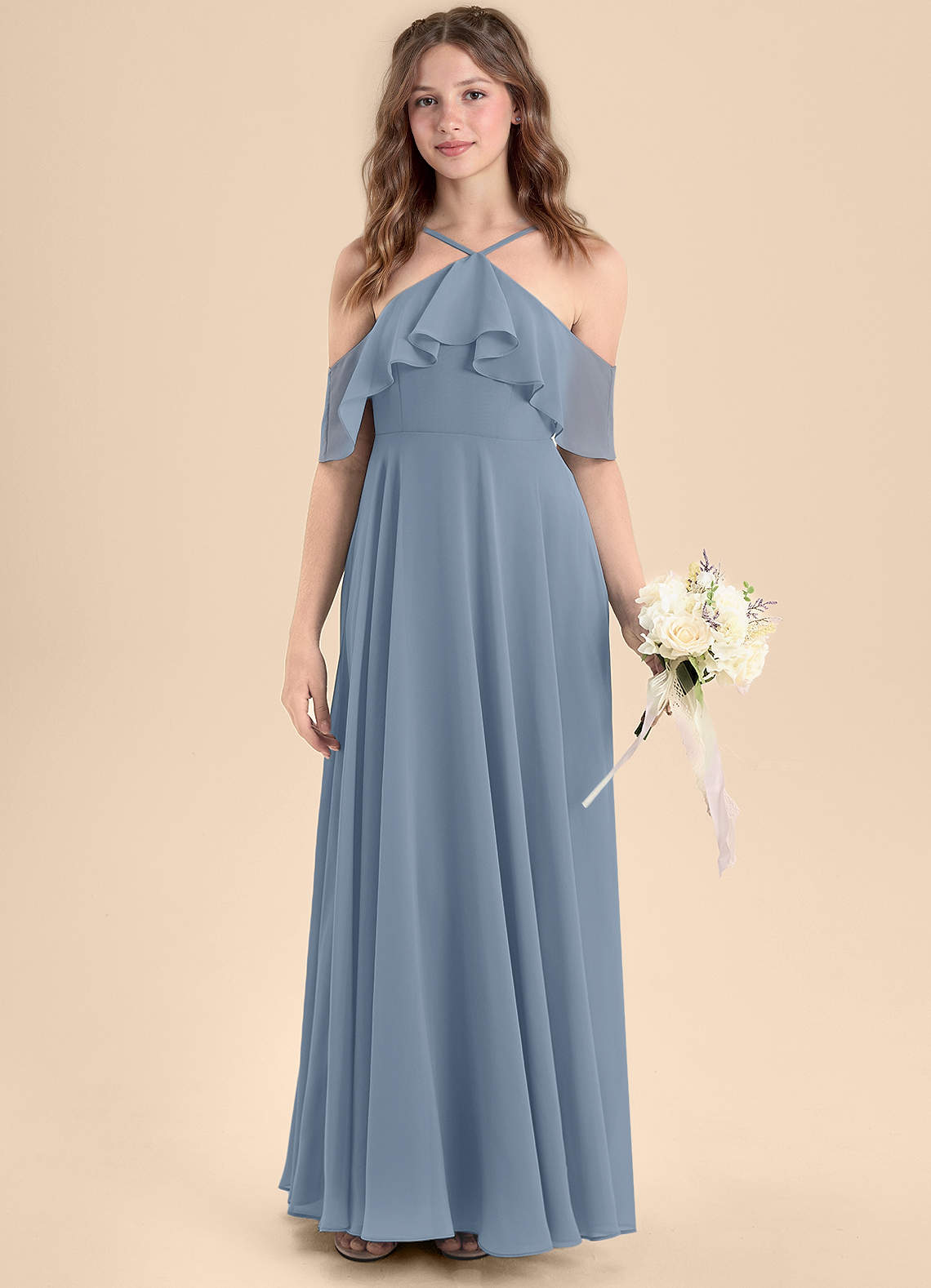 Azazie Tessabelle Junior Vestido de Azul Polvoriento de Gasa de Corte en A con Vestidos sin tirantes image3