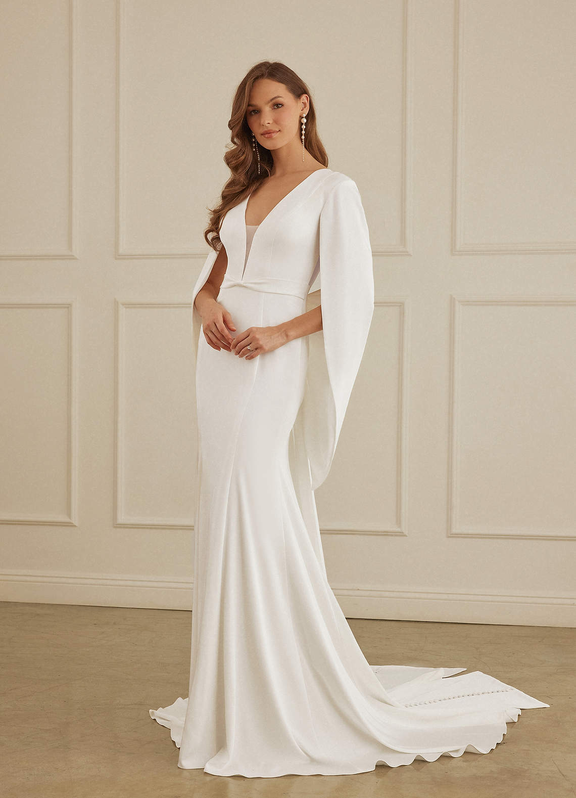 Christian Siriano Bridal for Azazie 2001 Wedding Dresses Plunging Cape Sleeve Crepe Back Satin Mermaid Gown image5