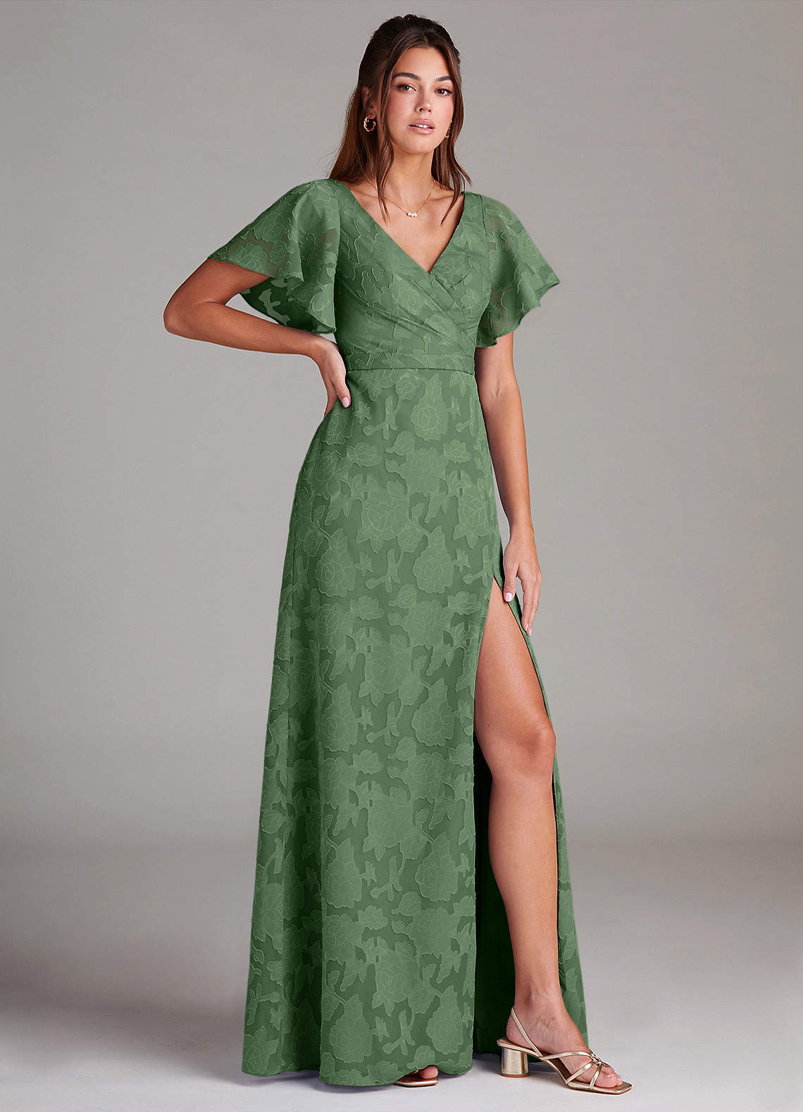 Azazie Ambrosia Bridesmaid Dresses Eucalyptus A-Line Pleated Floral Burnout Dress image2