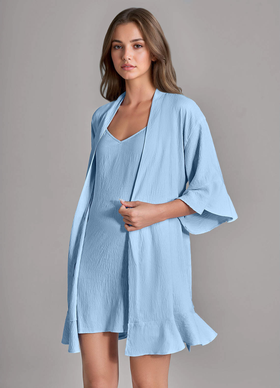 front Matching Color 2-Piece Ruffled Cloud-Soft Robe and Slip Set