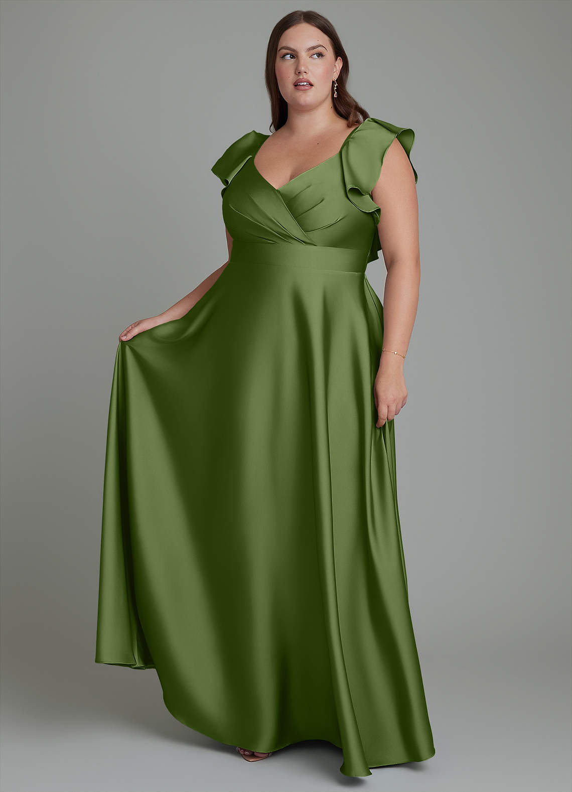 Azazie Leilani Vestidos de damas de honor Vestido Enebro de Satén Elástico de Línea A con Drapeado image1