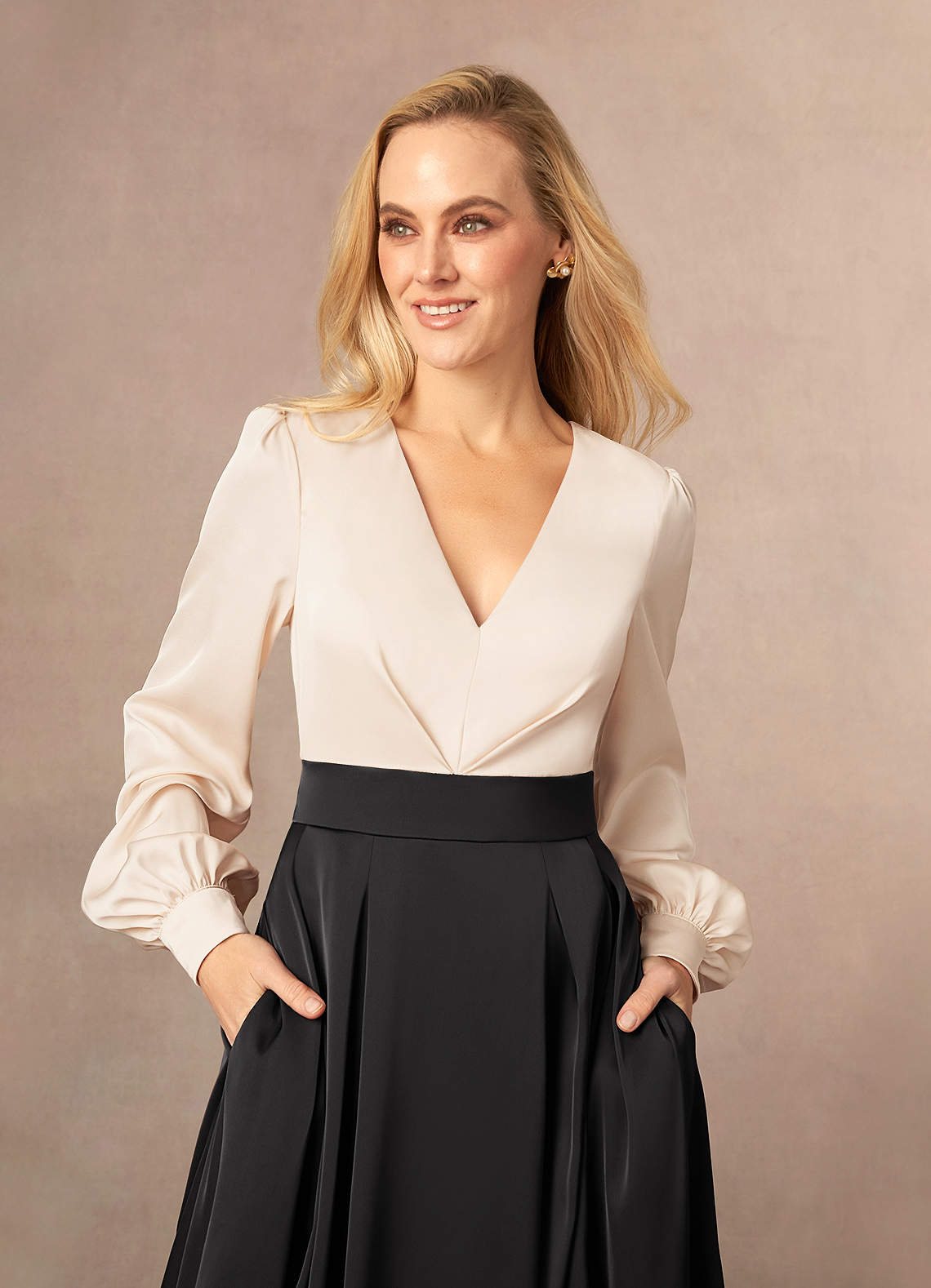 Azazie Betsey Mother of the Bride Dresses White Alabaster Black A-Line Pleated Stretch Satin Dress image1