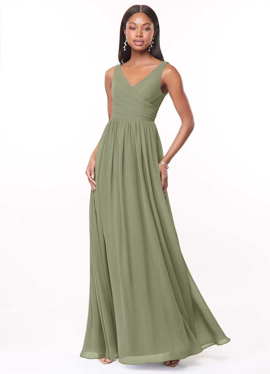 Azazie Keyla Bridesmaid Dresses Pistachio A-Line V-Neck Pleated Chiffon Dress image1