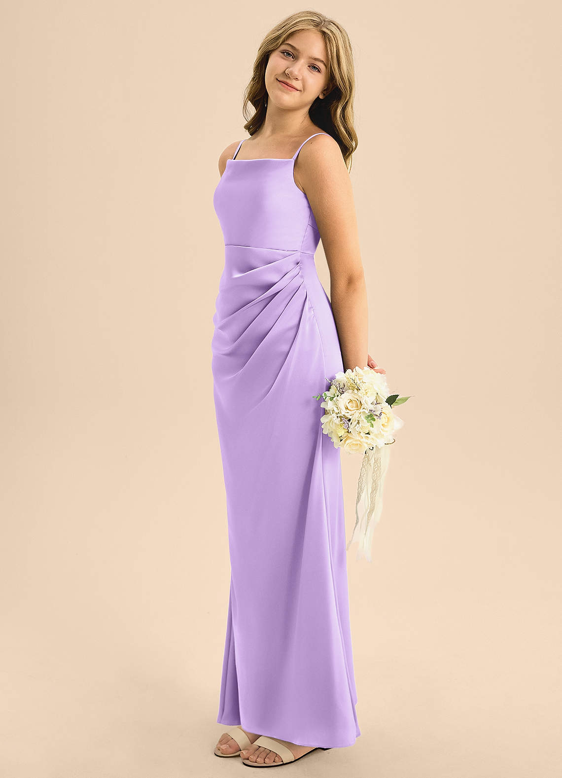 Azazie Renna Junior Lilac A-Line Pleated Stretch Satin Dress image1