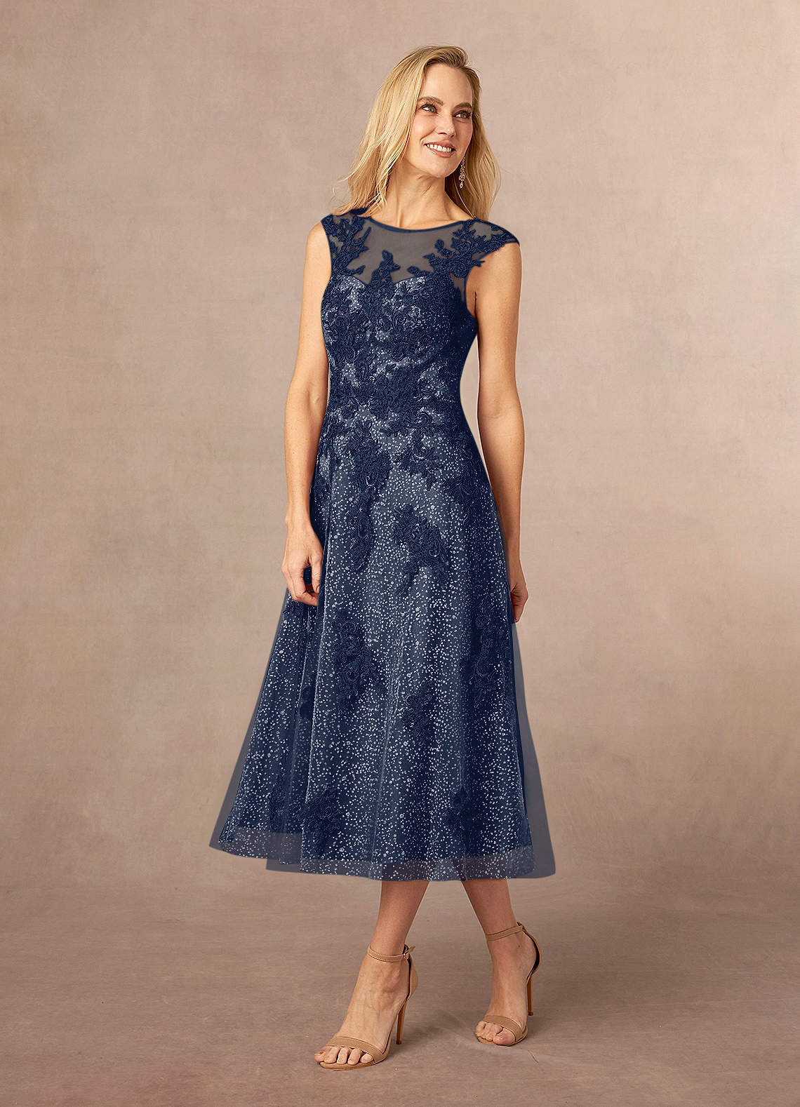 Azazie Flynn Dark Navy A-Line Boatneck Lace Tulle Dress Ready to