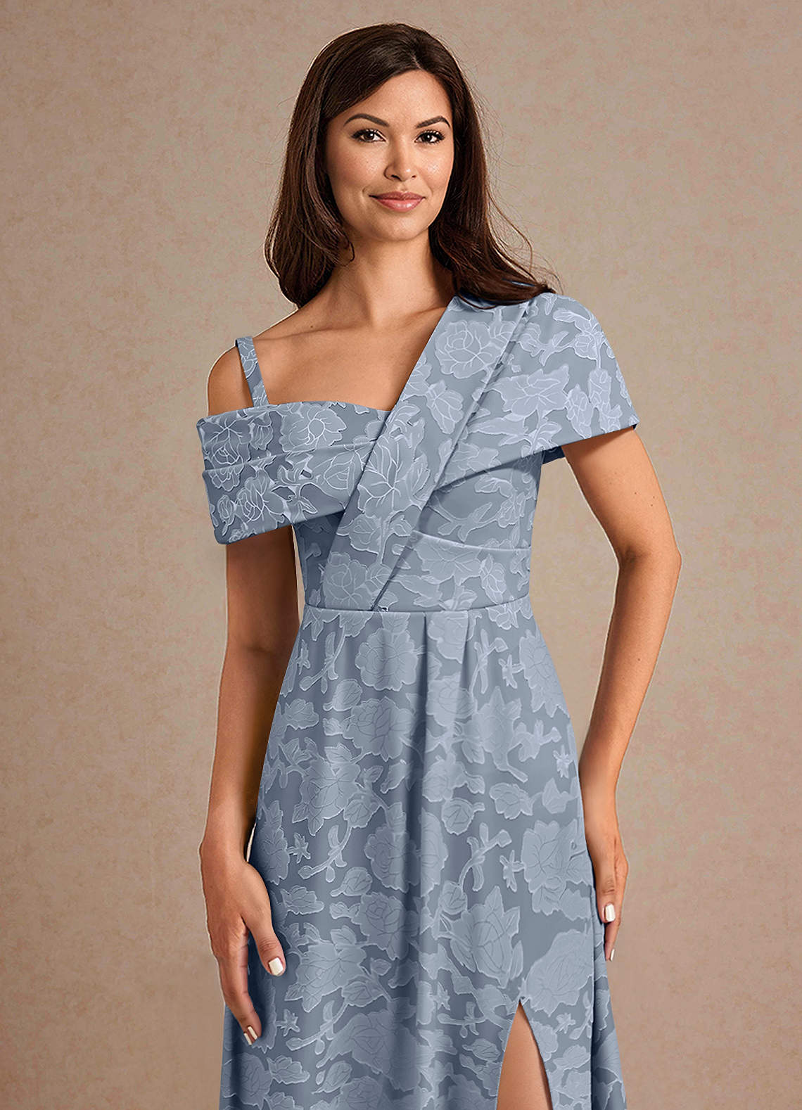 Azazie Milton vestidos de madre de la novia Vestido de Azul Polvoriento de Devorado Floral de Corte En A con Plisado image6