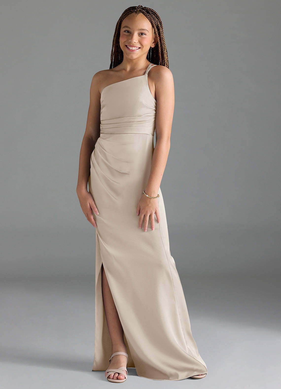 Azazie Eren Junior Frost Sheath Pleated Stretch Satin Dress image1