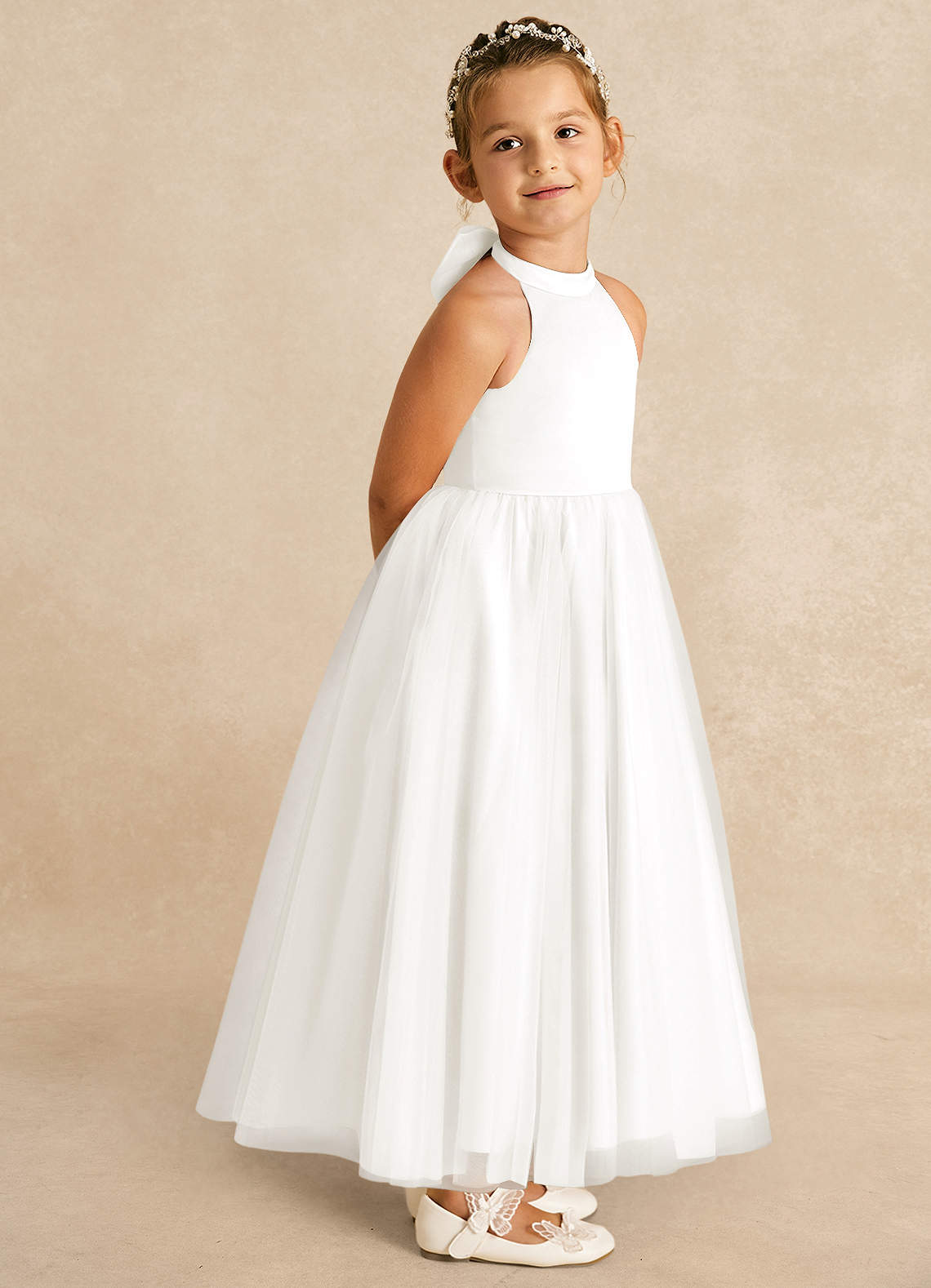 Azazie Bev Flower Girl Dresses Ivory A-Line Convertible Tulle Dress image7