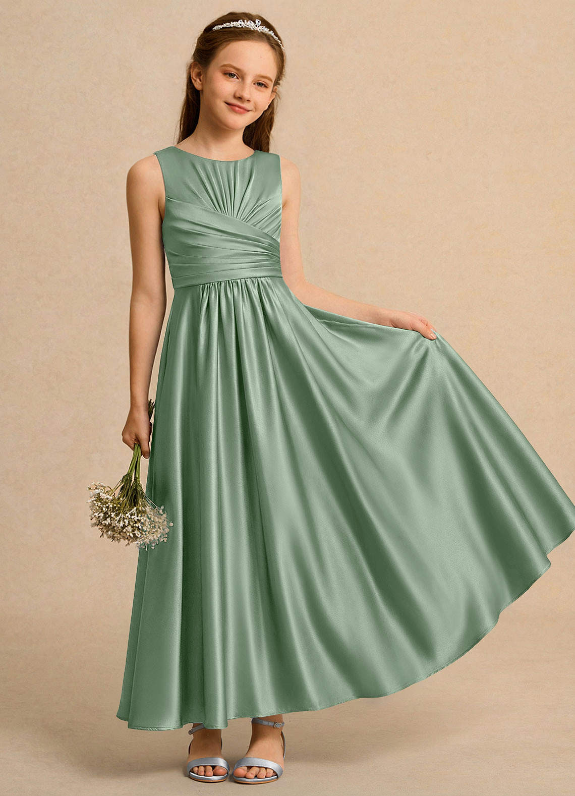 Azazie Ducky Girls Formal Matcha A-Line Pleated Stretch Satin Dress | Azazie