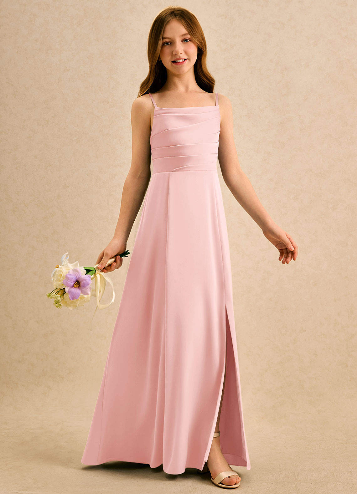 Azazie Chamomile Girls Formal Sukienki dla dziewczynek sypiących kwiaty Linia A Pofałdowany Satyna elastyczna Długość podłogi Sukienka image1