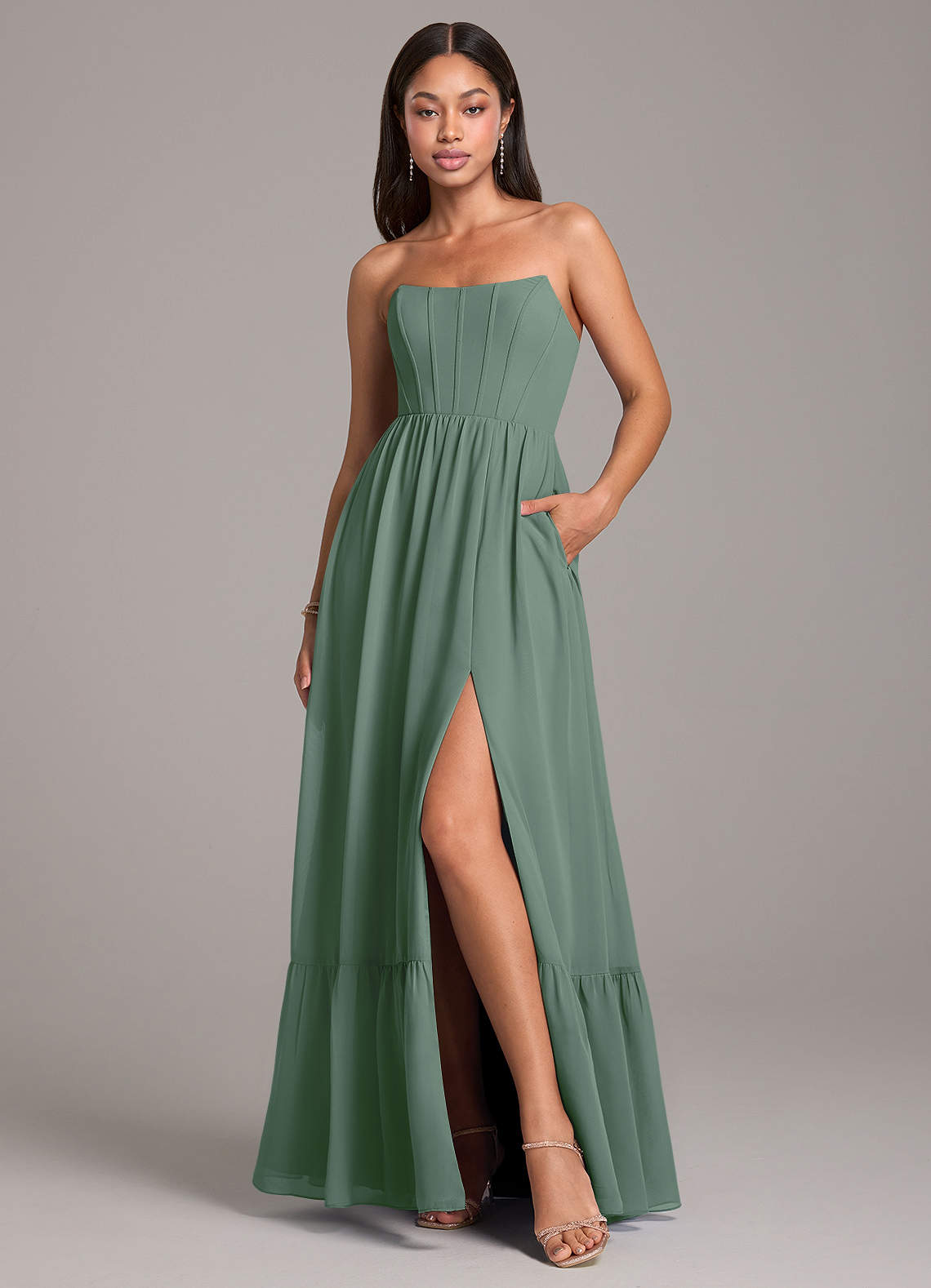 Azazie Kailee Bridesmaid Dresses Eucalyptus A-Line with Pockets Chiffon Dress image1