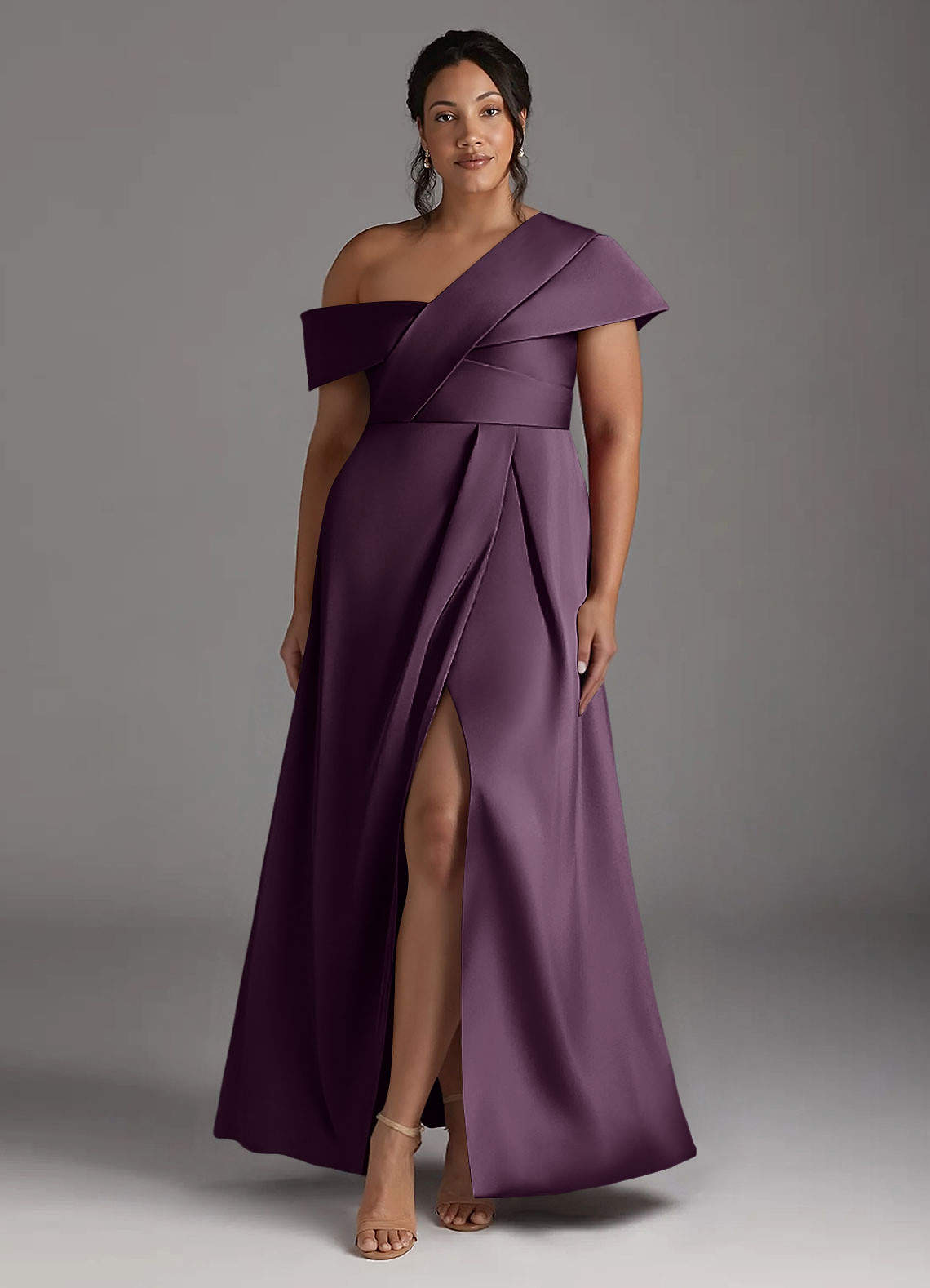 Azazie Milton Mother of the Bride Dresses Plum A-Line Pleated Stretch Satin Dress image8