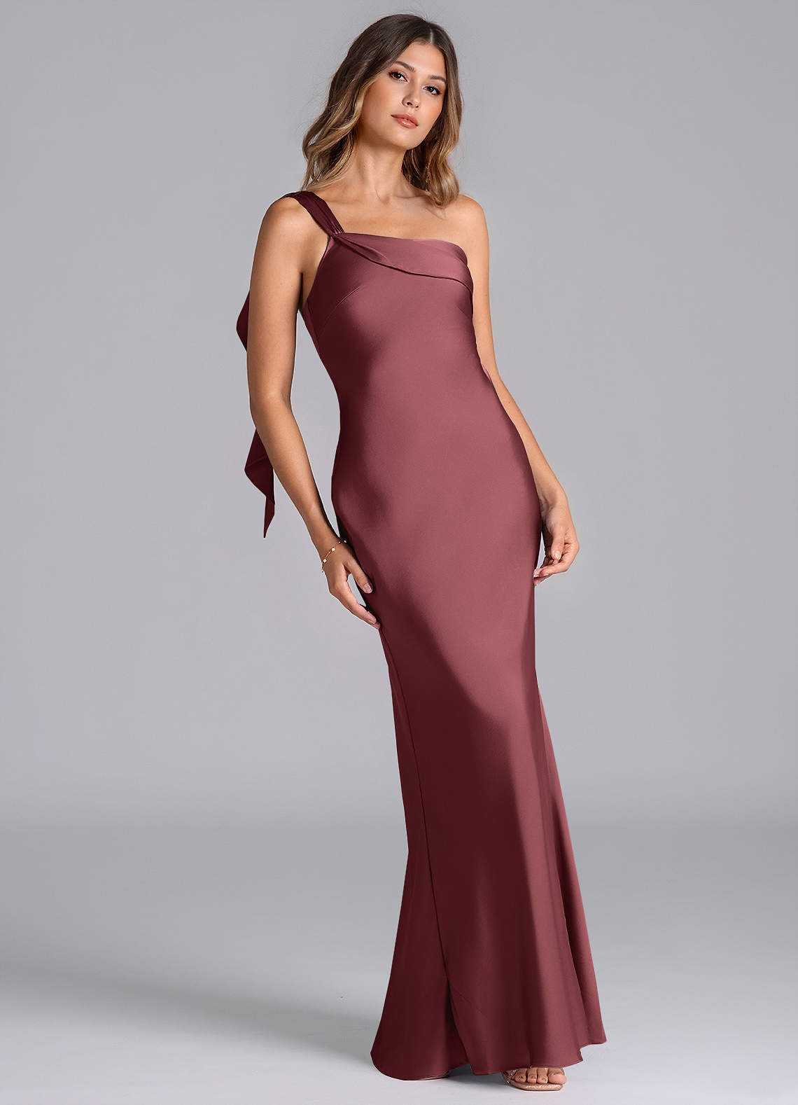 Azazie Driea Bridesmaid Dresses Merlot Mermaid One Shoulder Stretch Satin Dress image1
