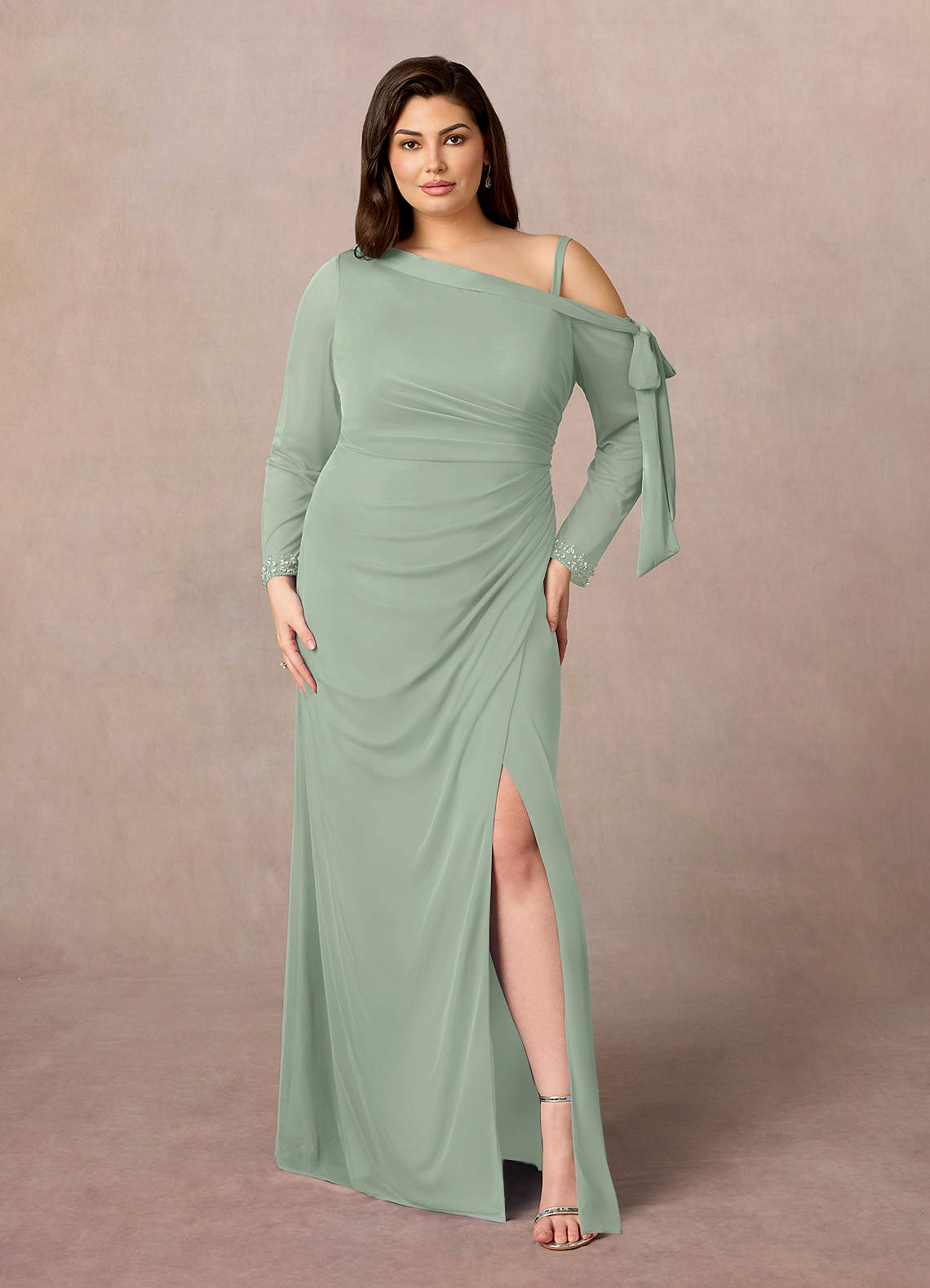 Azazie Marna Mother of the Bride Dresses Dusty Sage Sheath One Shoulder Mesh Dress image1