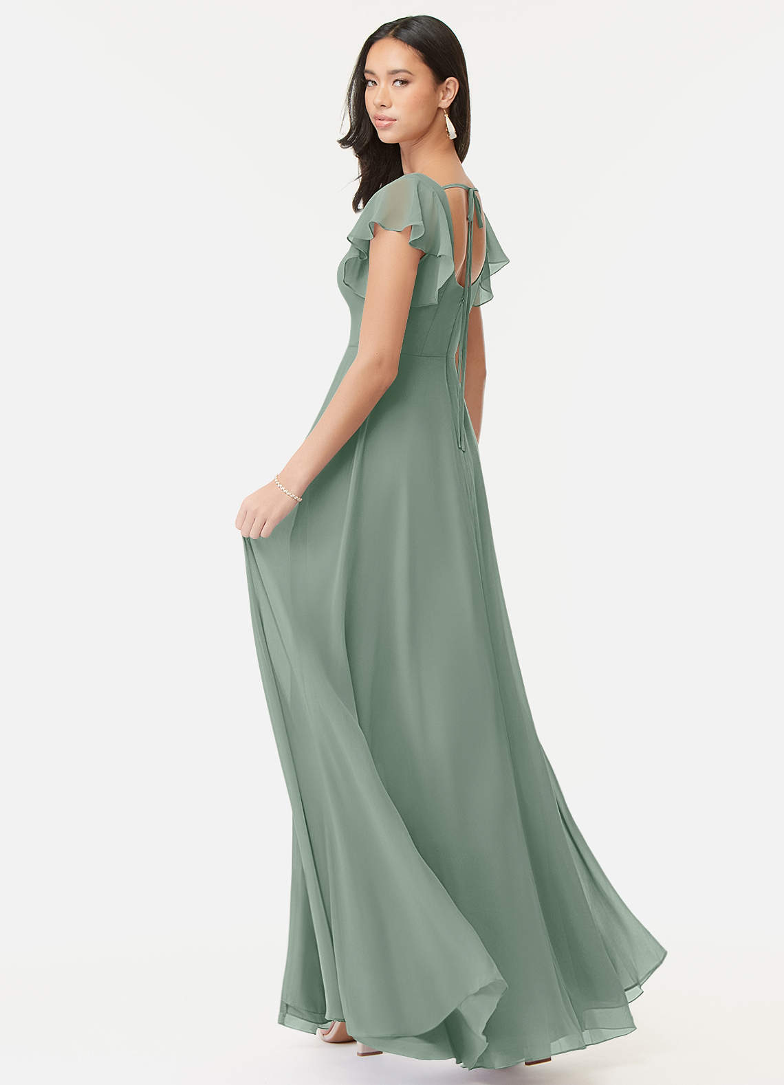 Azazie Bondi Bridesmaid Dresses Silver Sage A-Line Ruffled Chiffon Dress image4