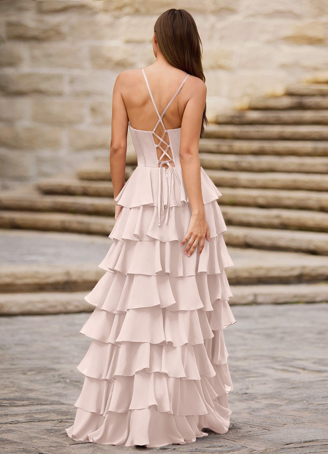 Rhythm Powder Pink Ruffled A-line Prom Dress | Azazie
