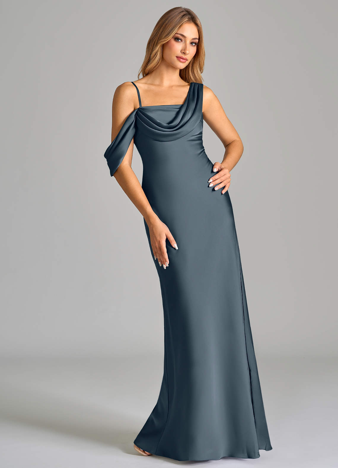 Azazie Celina Bridesmaid Dresses Twilight Sheath Off the Shoulder Stretch Satin Dress image1