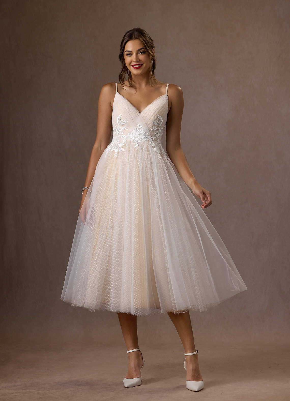 Azazie Liana Diamond White Champagne A-Line V-Neck Sequins Tulle