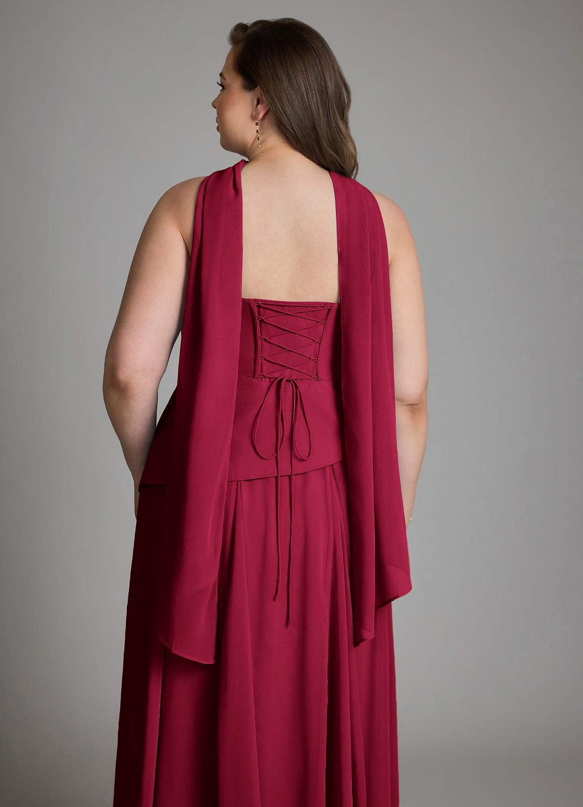 Azazie Gabriela At-home Try On Dresses Burgundy A-Line Corset Chiffon Dress image21