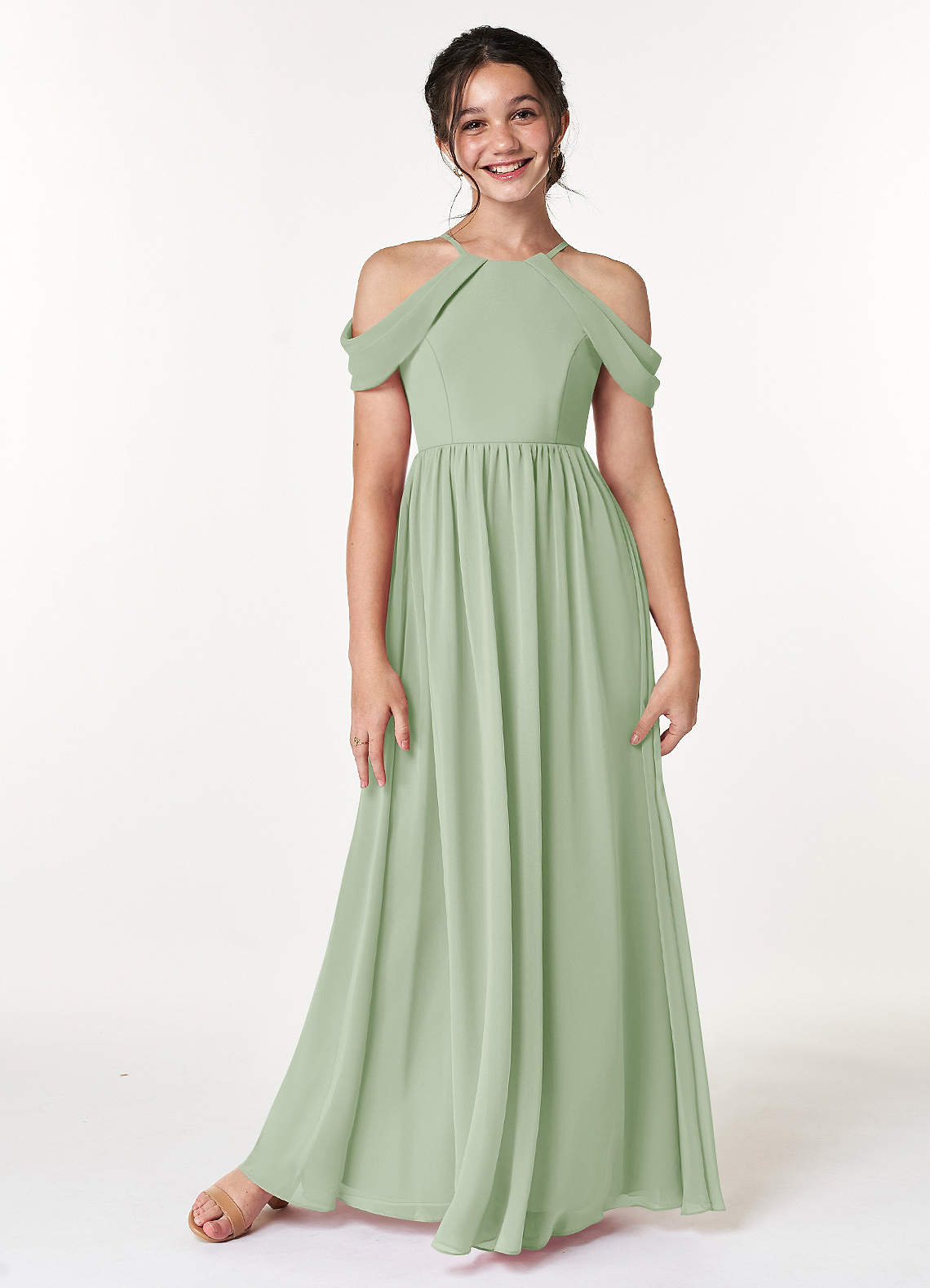 Azazie Seneca Junior Abito A-Line in Chiffon a Spalla Scoperta Verde Salvia image1