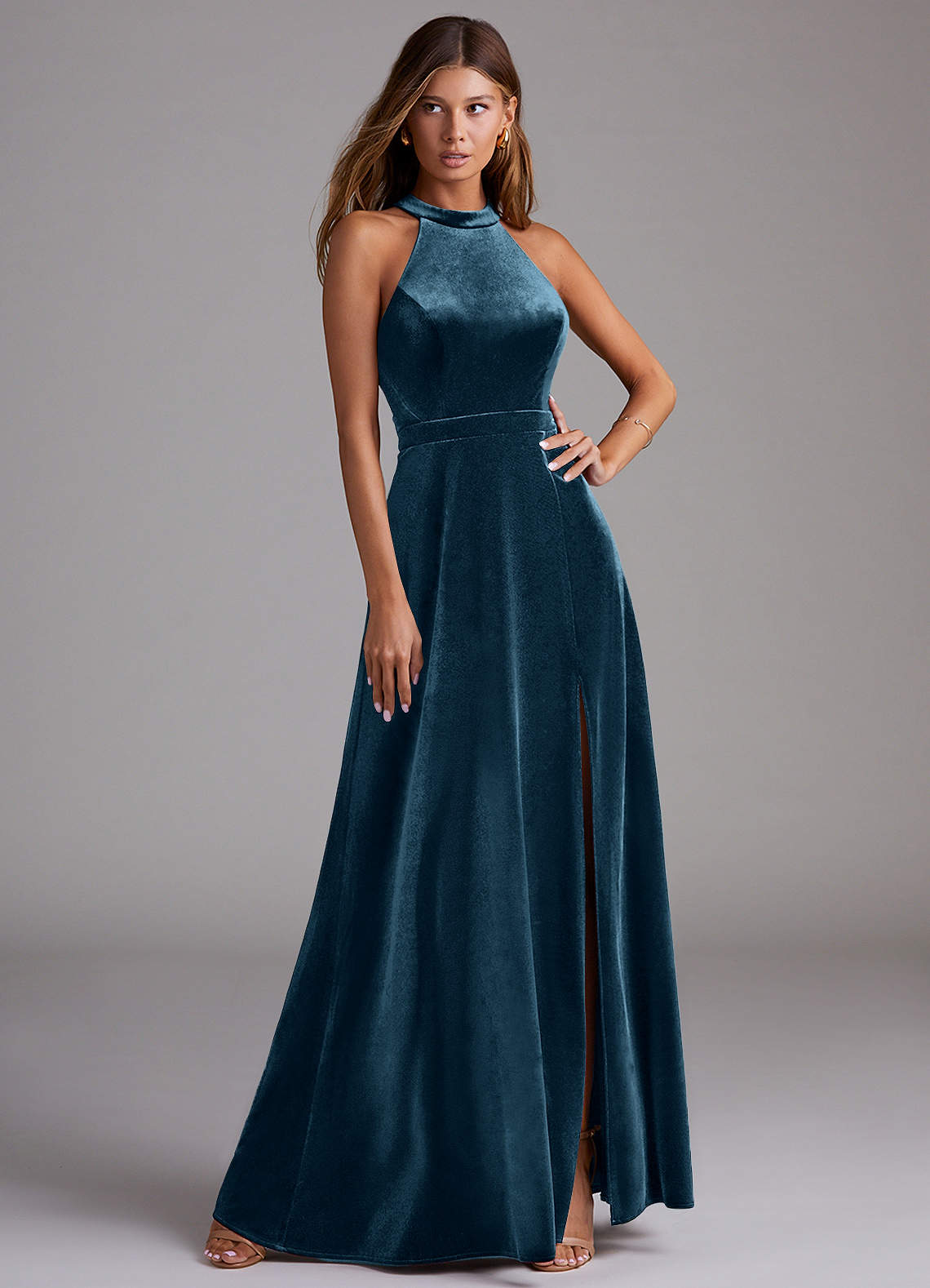 Azazie Clarice Jurken voor bruidsmeisjes Jurk van flueel met A-Lijn Zijsplit Blauwe Topaas image1