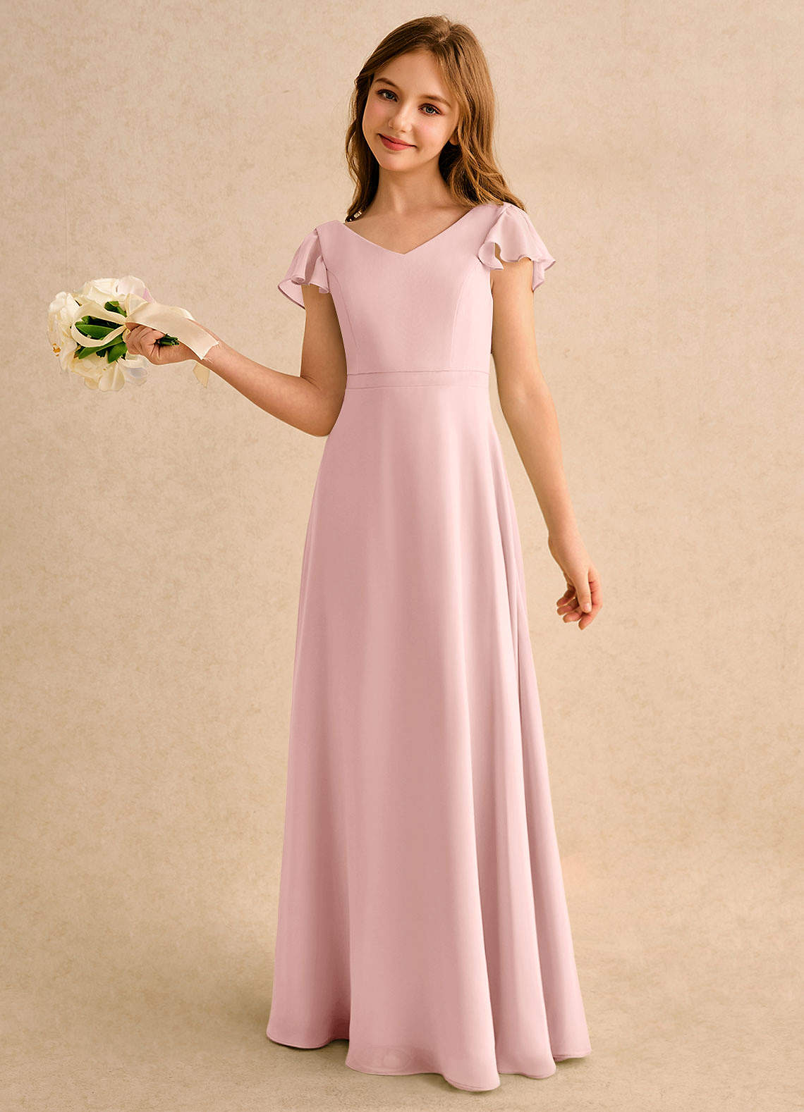 Azazie Nari Girls Formal Powder Pink A-Line with Sleeves Chiffon Dress | Azazie Azazie Nari Girls Formal Powder Pink A-Line with Sleeves Chiffon Dress | Azazie