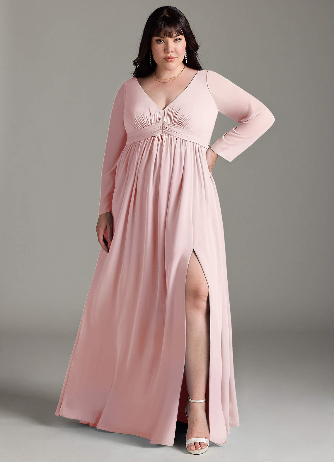 Azazie Teton Maternity Bridesmaid Dresses A-Line Long Sleeve Chiffon Floor-Length Dress image1