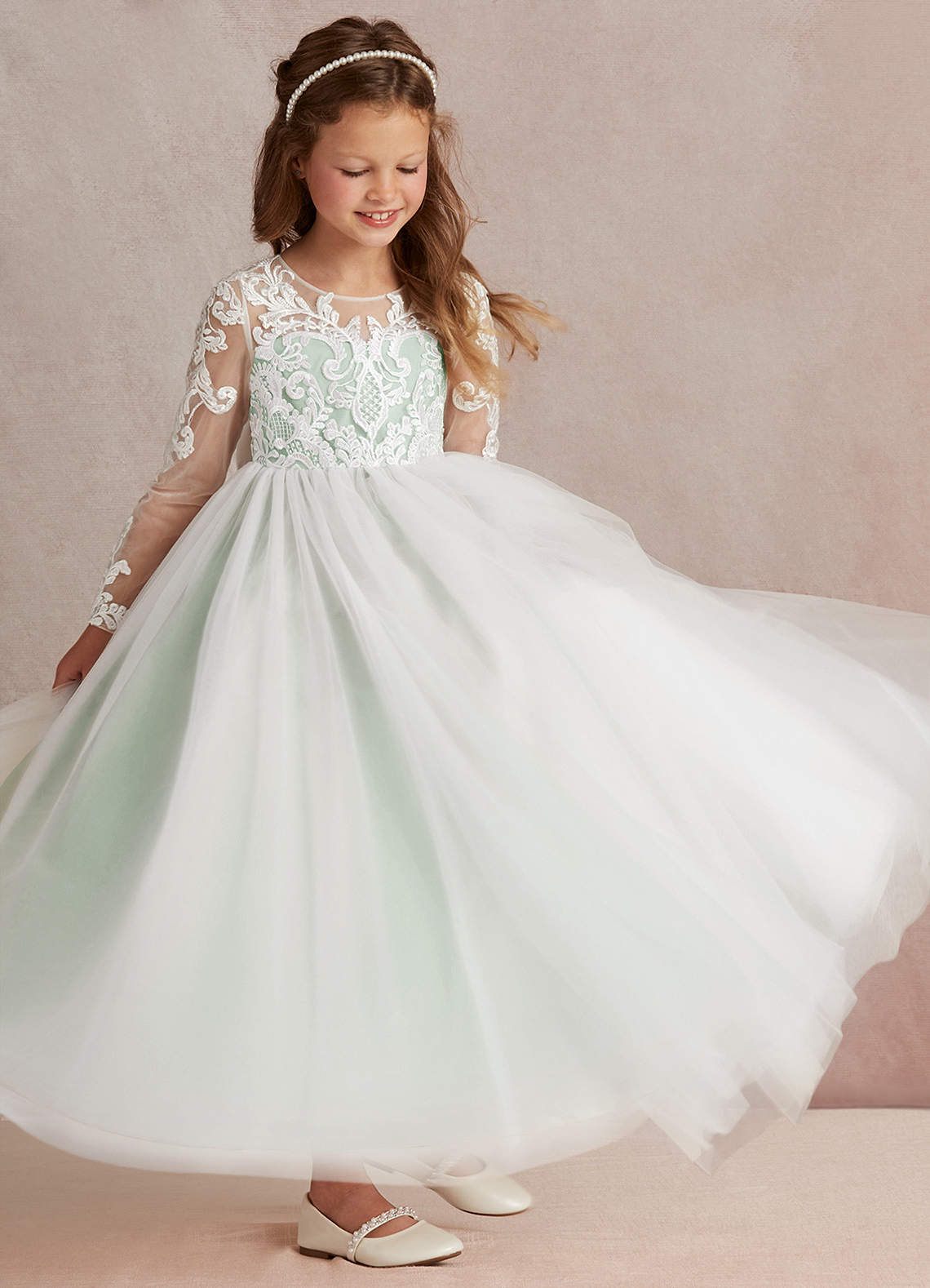 Azazie Elodie Robe Demoiselle D'honneur Fillette Robe Princesse en Dentelle Ivoire Agave image1