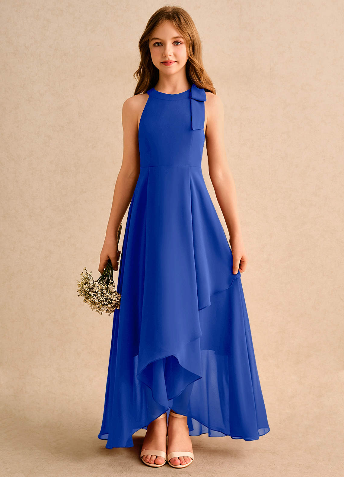 Azazie Boop Girls Formal Royal Blue A-Line Bow Chiffon Dress